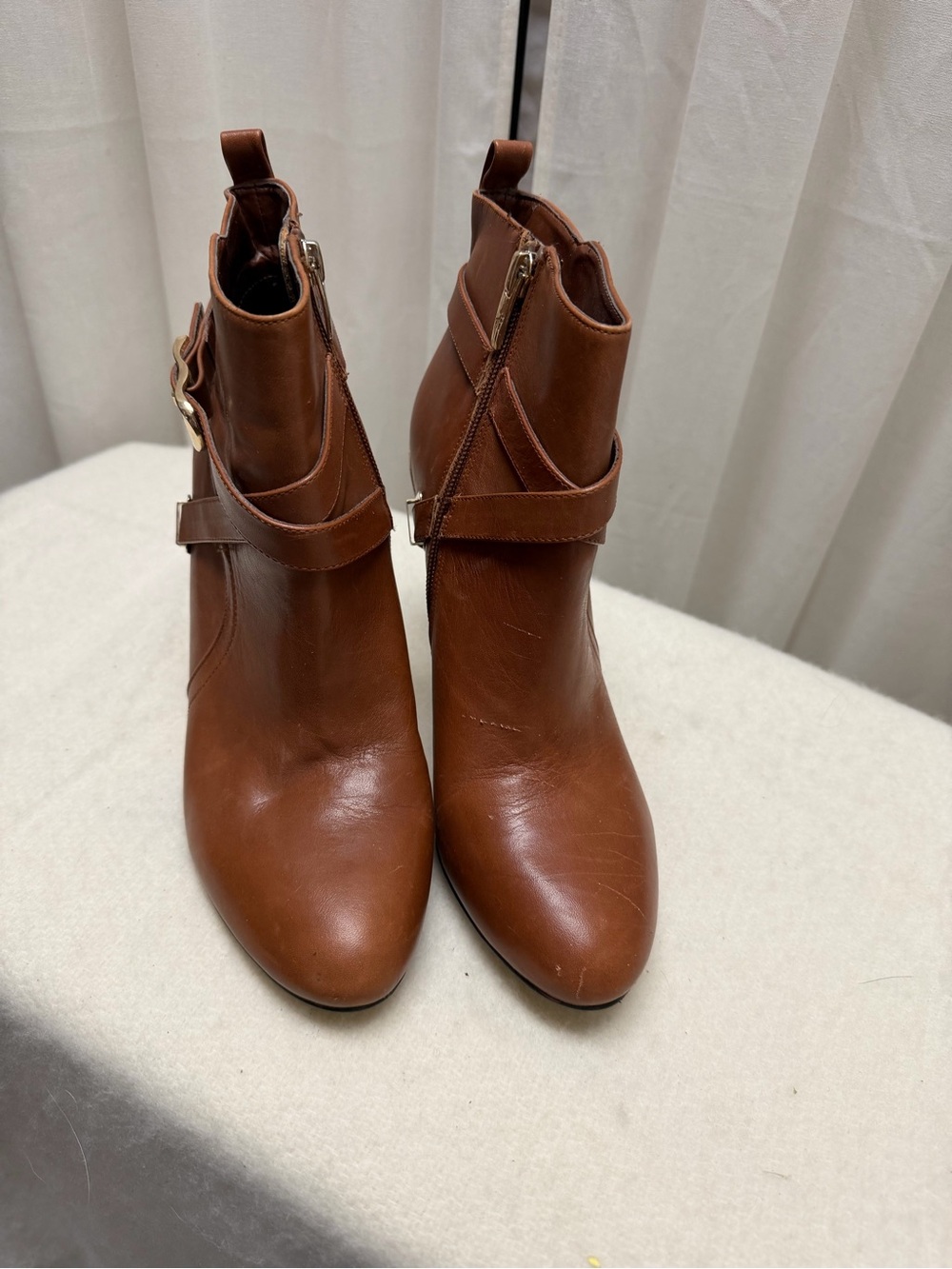 Marc Fisher Cognac Leather Ankle Booties with Buckle Detail